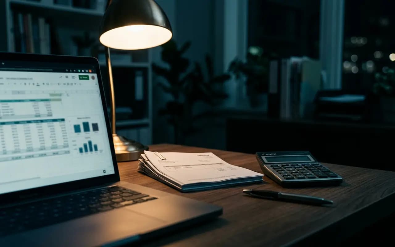 An accounting desk with printed invoices, a calculator and a laptop spreadsheet