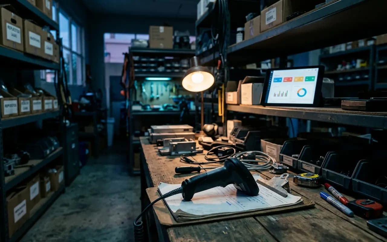 A workshop bench with a barcode scanner, a clipboard and a tablet dashboard