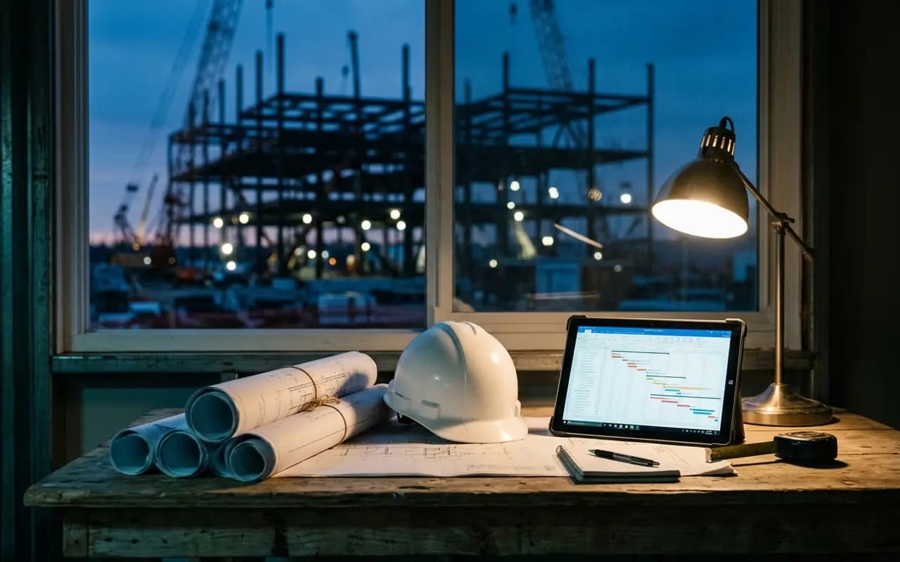 Blueprints, a hard hat and a tablet schedule on a site office table, steel structure outside