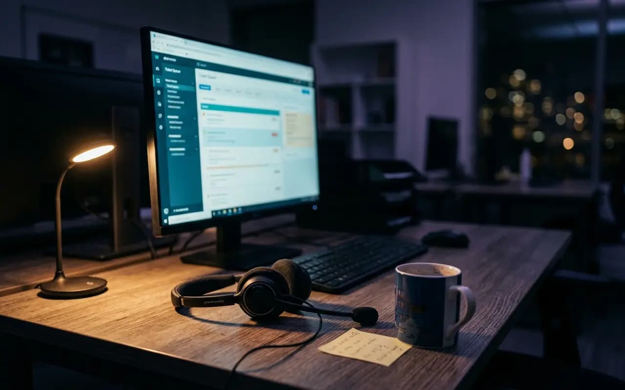 A headset on a desk in front of a monitor showing a ticket queue